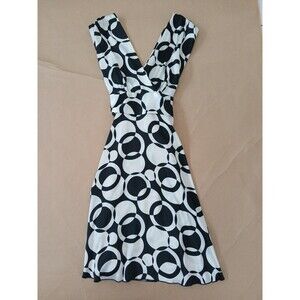 Roulette Satin Dress Black & White Retro Knee Length V Neck